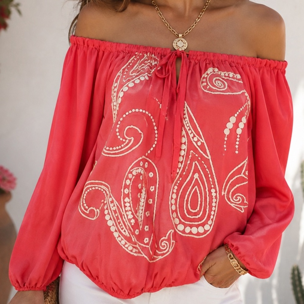 Trina Turk Coral Silk Paisley Sequin Peasant Blouse